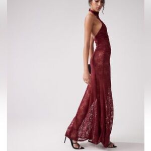 Asos maroon maxi lace halter dress with bodysuit attached underneath NWOT